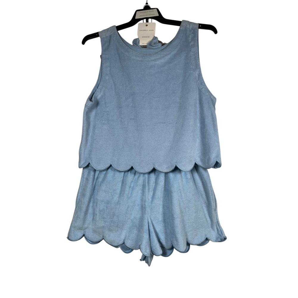 NWT Sincerely Jules Sz M Top Shorts Lt Blue Lounge Set Scalloped Edge Terry New